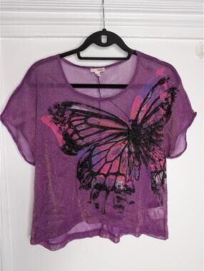 Y2K Bongo VTG XL Sheer Glitter Butterfly Graphic Top 90s Whimsygoth Fairycore